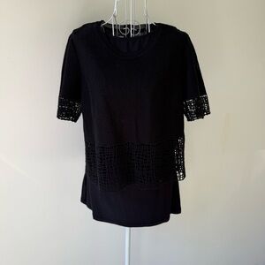 Elie Tahari Black Knit Top Mesh Cutout Panels Short Sleeve Back Zip M